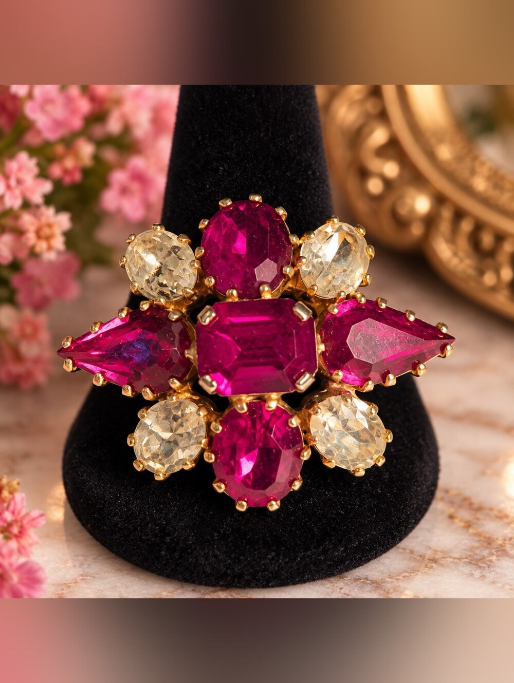 Vintage Made in Austria Brooch Marked Star – Fuchsia Magenta & Clear Rhinestone